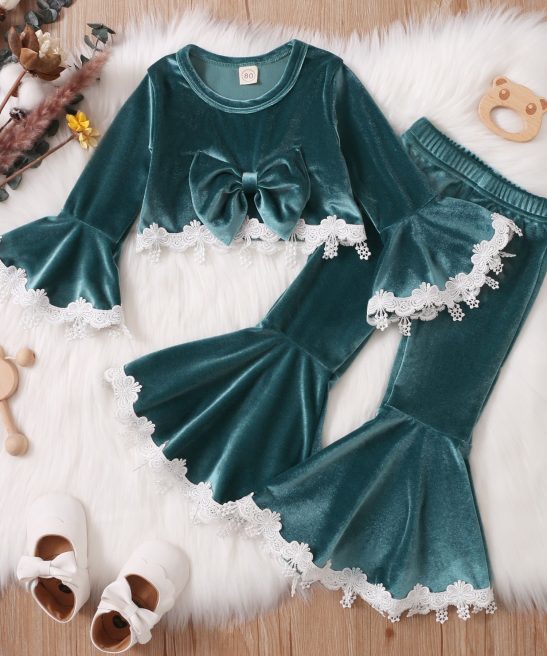 Baby Kid Girls Lace Long Sleeve Flare Velvet Valentine 2 Pcs Sets