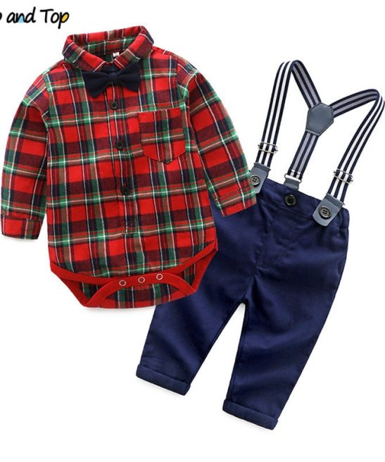 Baby Boys Sets Plaid Suspenders Cotton Gentleman Sets 2 Pcs