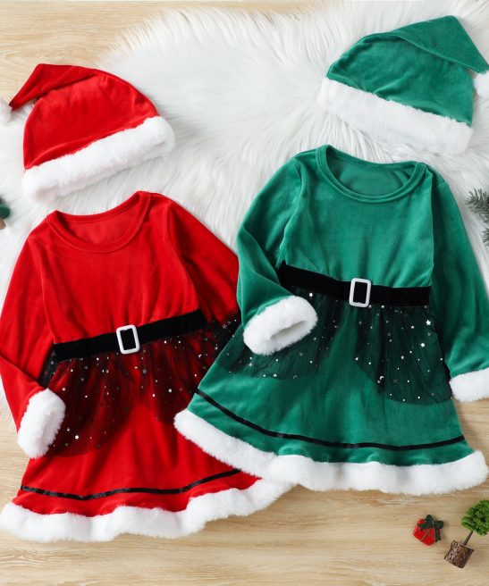 Kid Baby Girl Long Christmas Santa Claus Cosplay Red Velvet Dresses