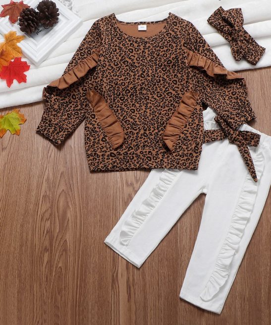 Kid Baby Girl Leopard Ruffle Tops+Bottoms+Headwear 3 Pcs Set