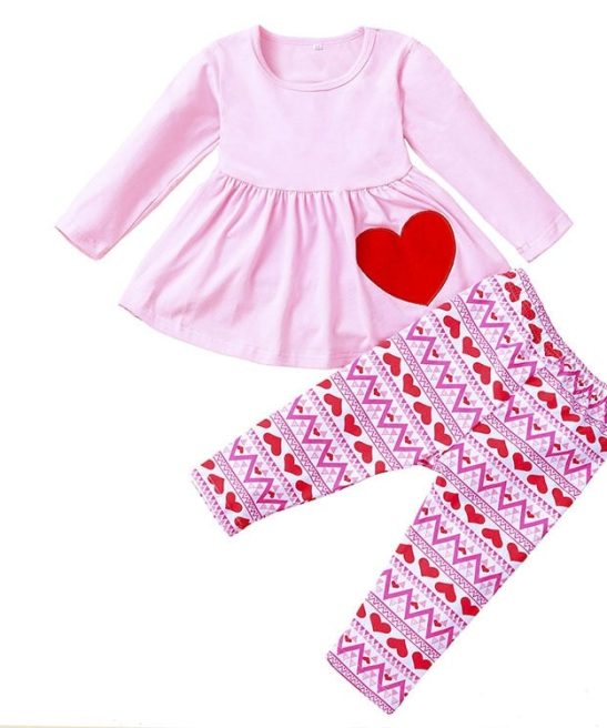 Kid Baby Girl Long Sleeve Heart Legging Valentines Sets 2 Pcs