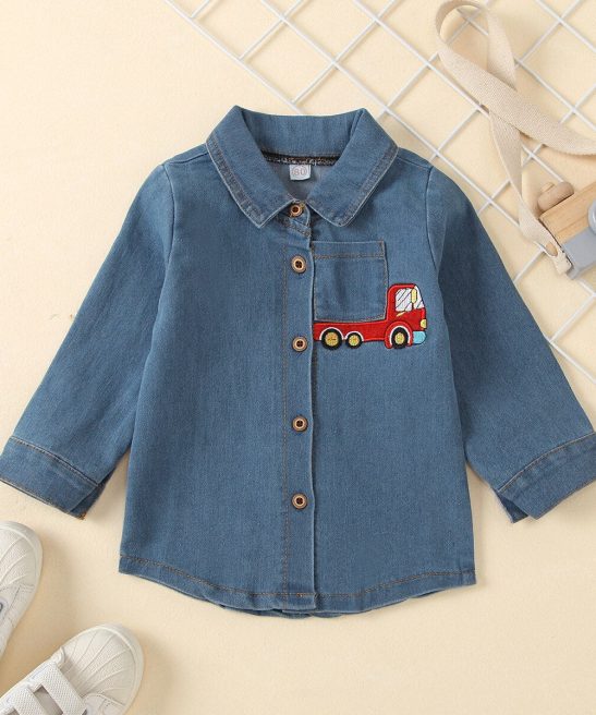 Kid Baby Boy Long Sleeve Denim Cotton Blue Color Truck Printed T-shirt