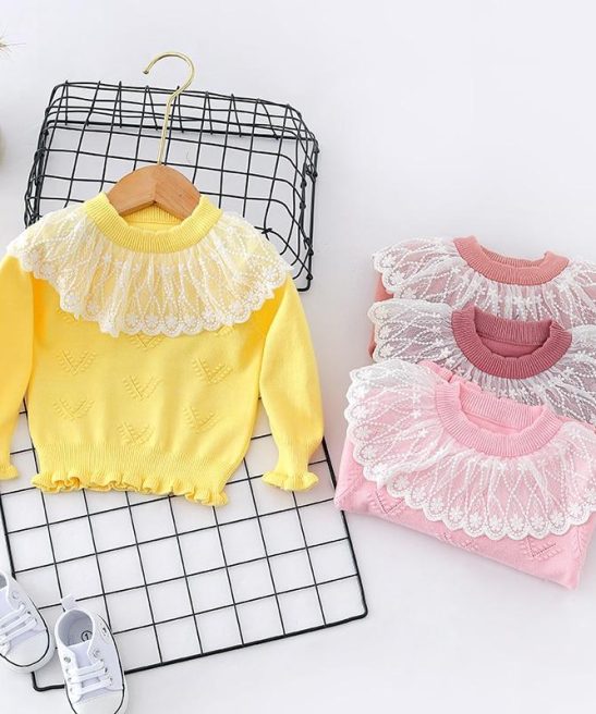 Kid Baby Girl Lace Collar Ruffled Solid Knitted T-shirt